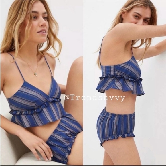 ANTHROPOLOGIE Ruffled Striped IntImates Set Bralette Briefs Sleepwear Blue NWT